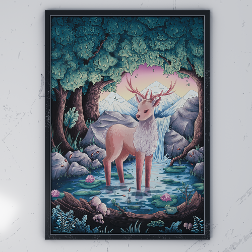 Print Cerf et Nénuphars